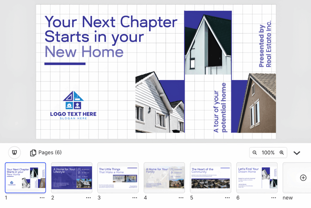 A real estate presentation template featuring a grid layout with modern house photography, blue and white accents, and a placeholder for a company logo.