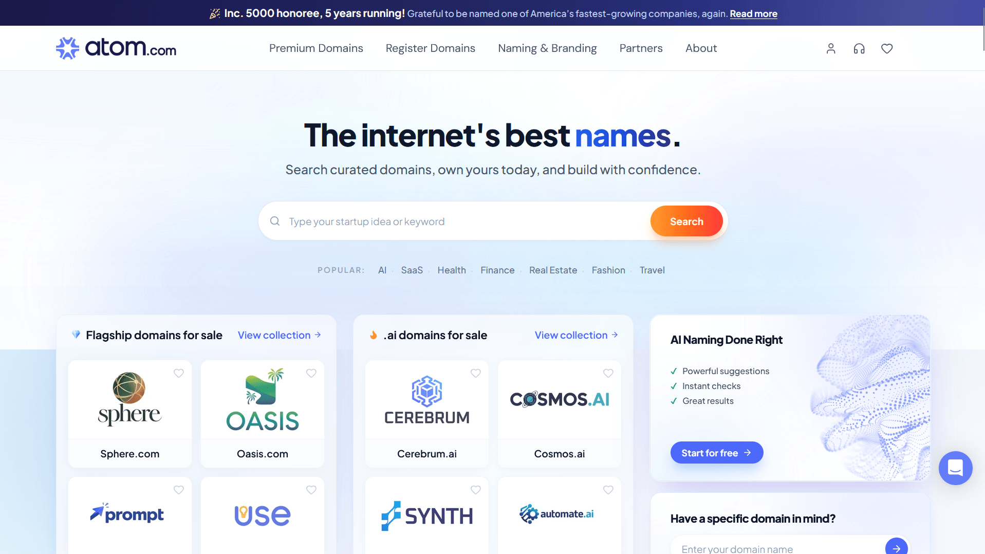 Atom.com domain name search engine and marketplace homepage showing premium domain listings and AI business name generator.