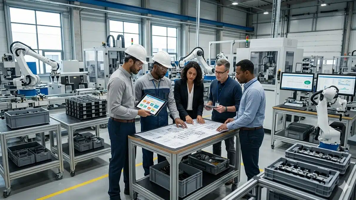 A diverse team of engineers and supply chain managers in a high-tech factory reviewing digital blueprints and tablets to improve OEM efficiency and mitigate procurement disruptions.