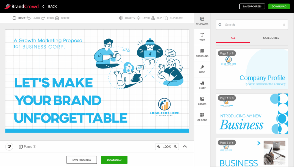 BrandCrowd presentation editor interface showing a 'Growth Marketing Proposal' slide. The editor features a sidebar with Templates, Text, Background, and Logo tools. The main canvas displays a modern blue and white design with illustrations of team members collaborating and a placeholder for 'LOGO TEXT HERE'.