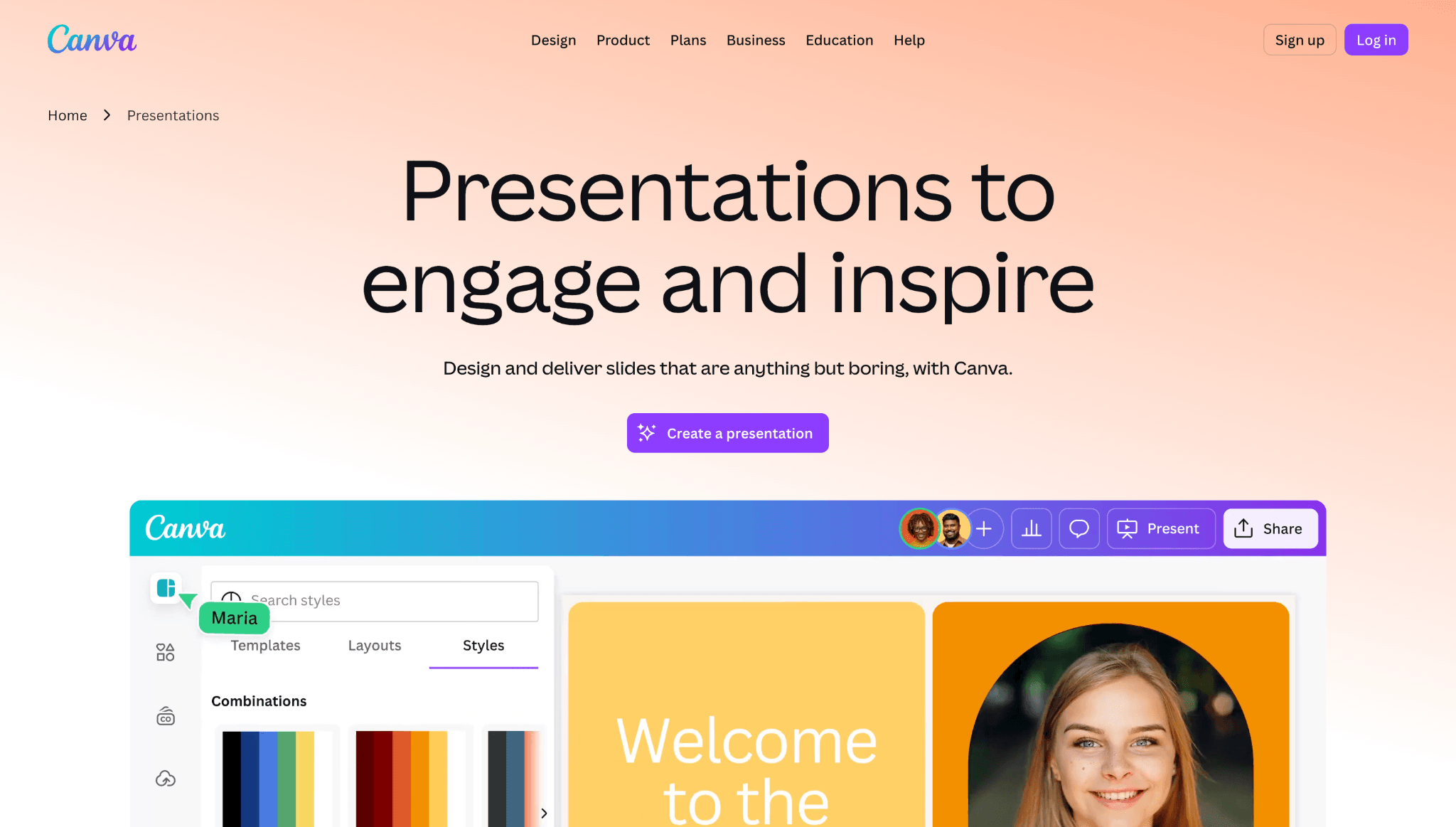 Canva presentation maker homepage and editor interface. The top half shows the 'Presentations to engage and inspire' landing page. The bottom half showcases the editor with a real-time collaboration feature (user icons visible), a search bar for styles, and a sidebar with Templates, Layouts, and Styles options. Design.com vs Canva Presentation Maker