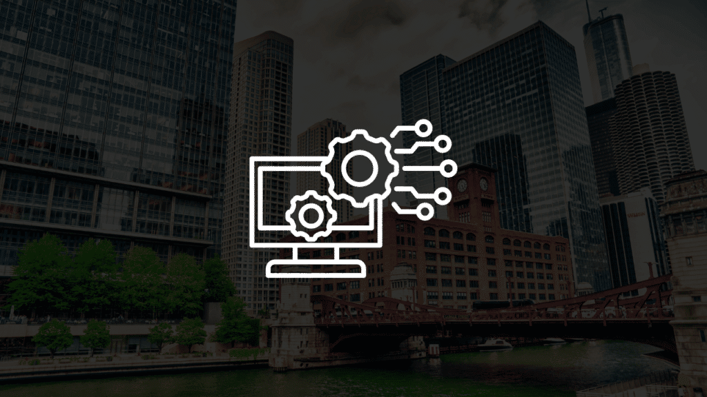 A technical icon of gears and a computer monitor set against the Chicago skyline, illustrating how to choose a Chicago IT support provider and red flags to avoid.