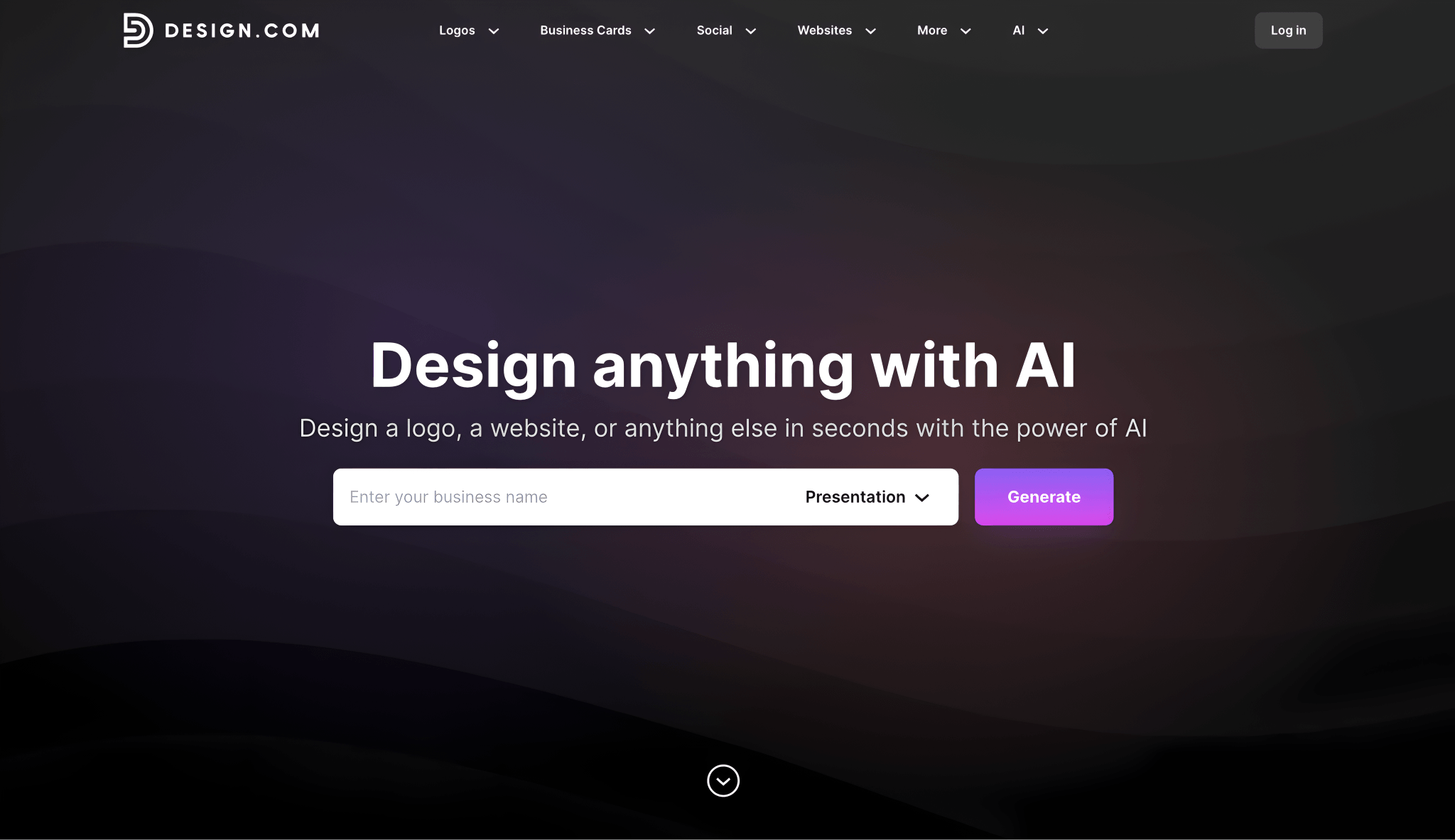 Homepage of Design.com featuring the 'Design anything with AI' headline. The interface shows a simple prompt box where users can enter a business name and select 'Presentation' from a dropdown menu to generate designs automatically using artificial intelligence. Design.com vs Canva Presentation Maker