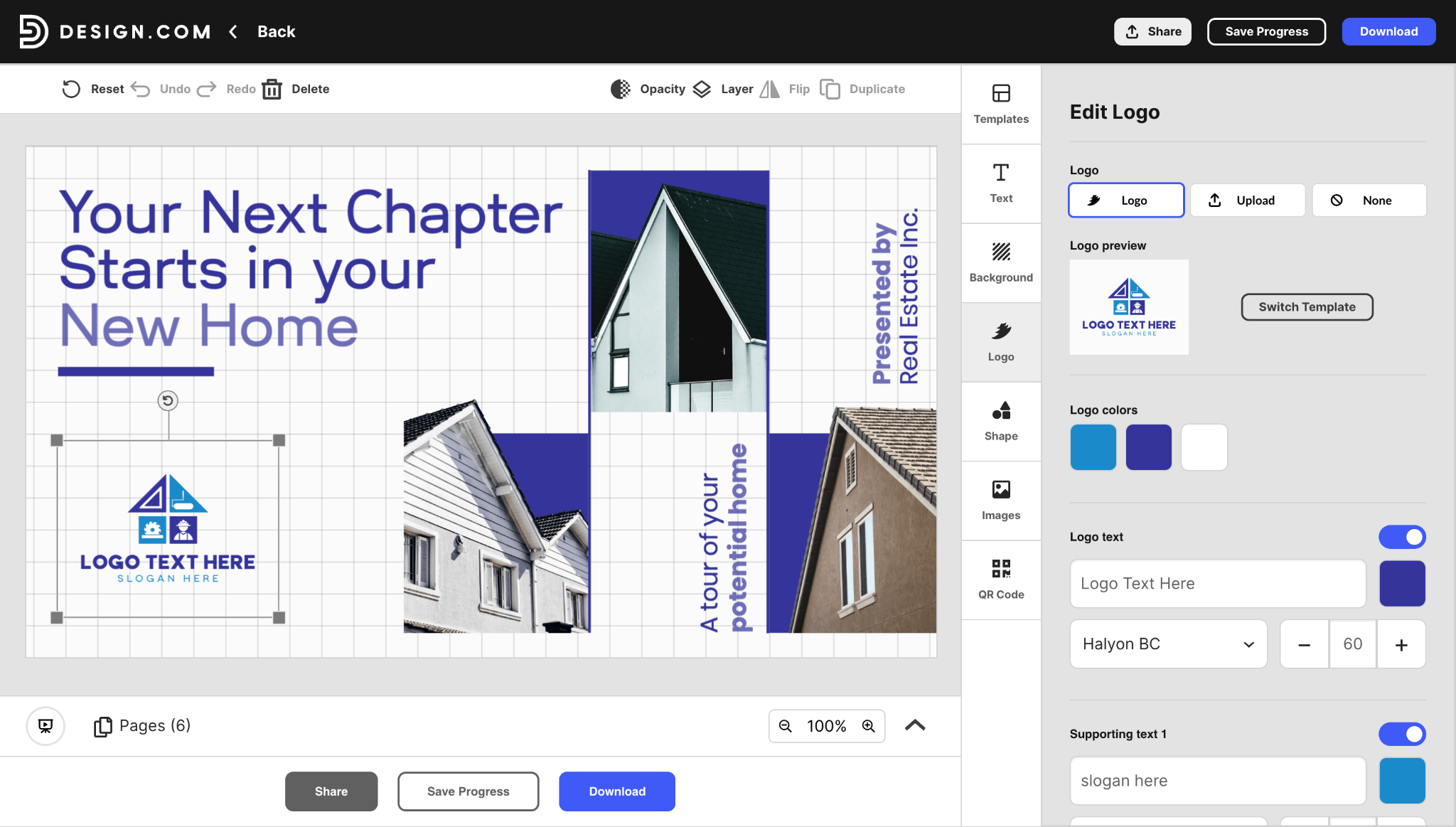 A screenshot of the Design.com presentation editor showing the user interface (UI) with the specific 'Edit Logo' sidebar active. The main canvas displays a modern real estate slide template featuring multiple house photos and customizable text. The sidebar allows the user to upload or generate logos, change colors, and customize the 'LOGO TEXT HERE' placeholder. Standard editor tools like Templates, Background, and Images are visible.