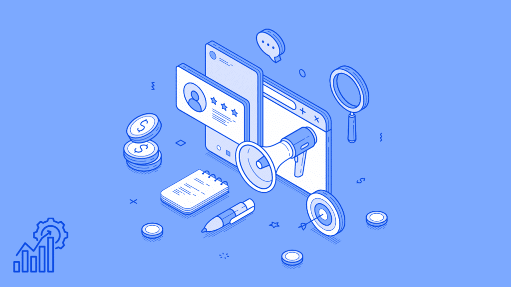 An isometric blue line-art illustration of digital marketing tools like a megaphone, target, and coins, representing how digital marketing services can scale your business in 6 months.