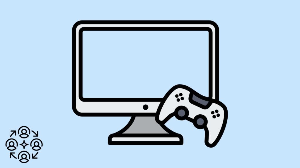 A minimalist icon of a computer monitor and a game controller, illustrating how gaming websites use design to keep users engaged through interactive interfaces.