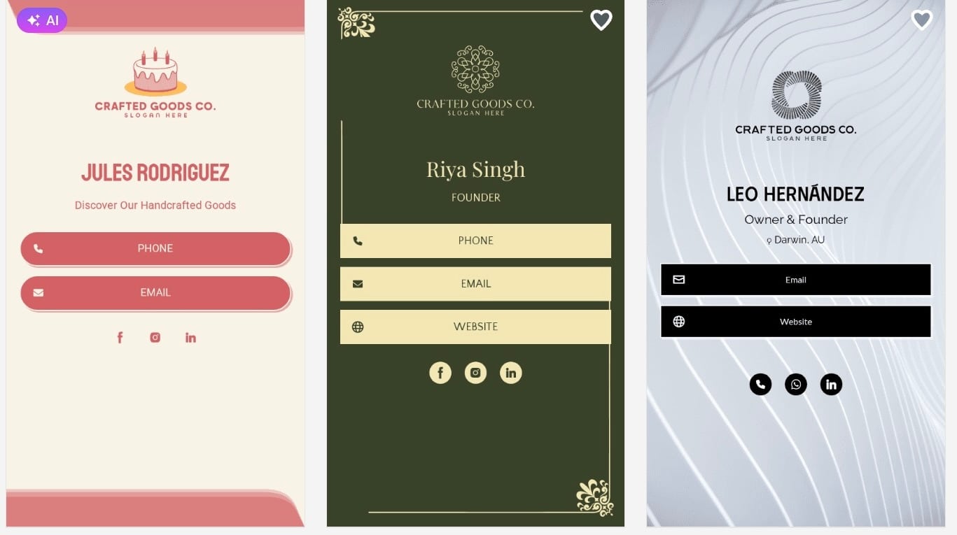 Three Crafted Goods Co. digital business card templates with founder names, phone, email, website, and social media icons