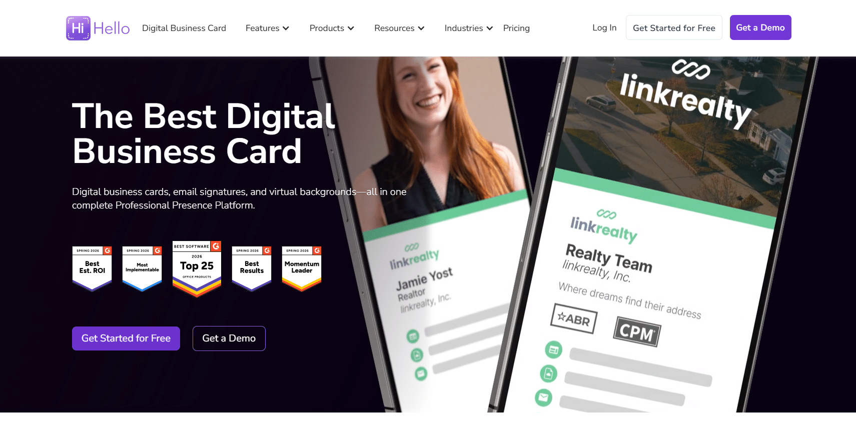 HiHello digital business card landing page with two smartphone mockups showing virtual business card examples