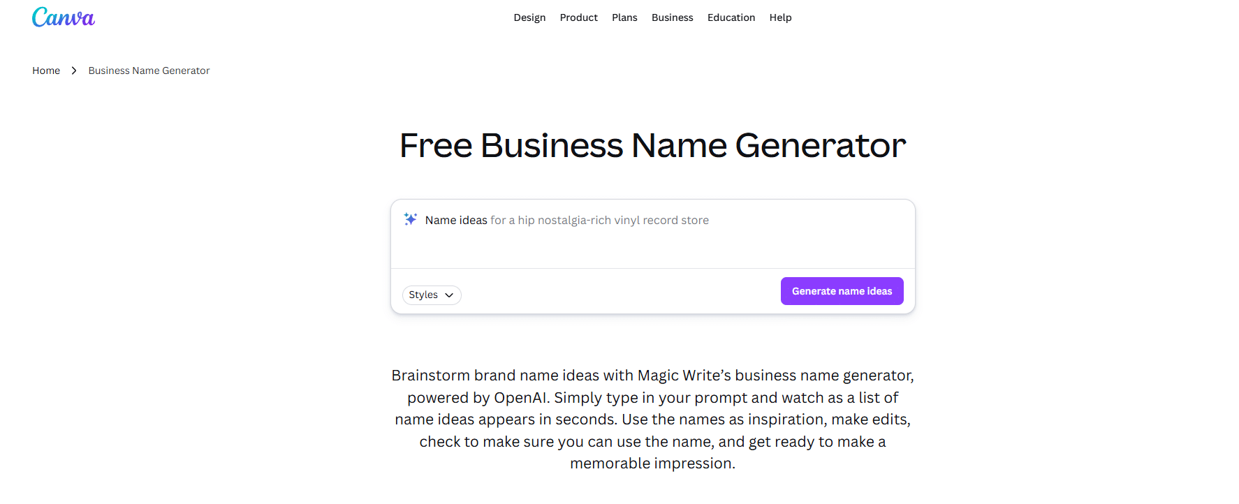 Screenshot of the Canva free business name generator with a prompt field, Styles dropdown, and Generate name ideas button.