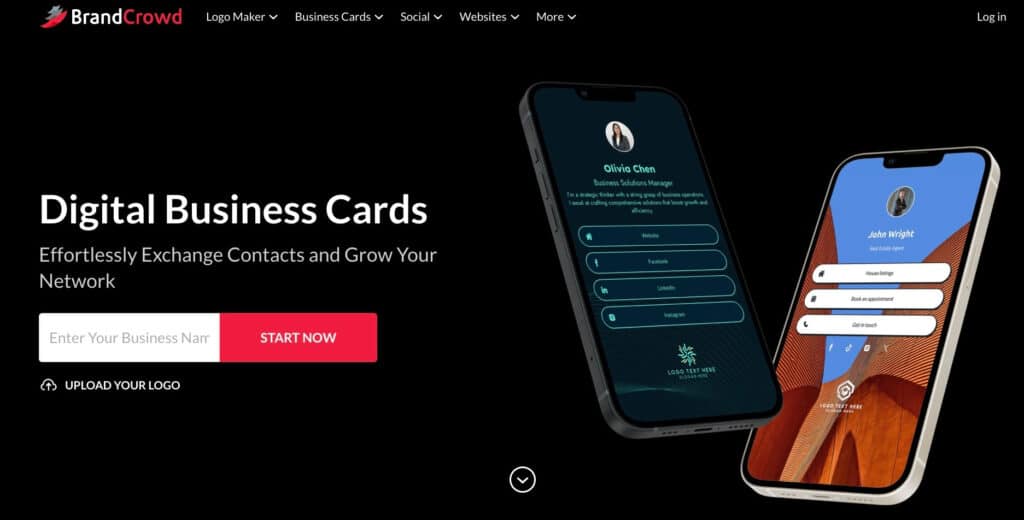 BrandCrowd digital business cards landing page with two smartphone mockups and an online business card generator form