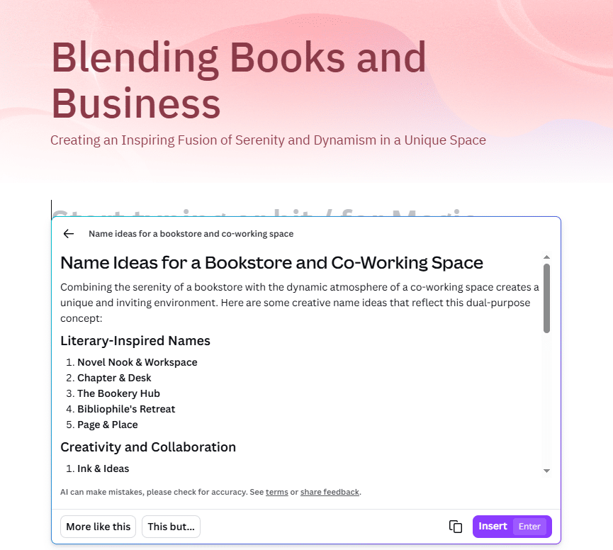 Screenshot of Canva showing AI generated business name ideas for a bookstore and co working space, with a list of creative naming suggestions.
