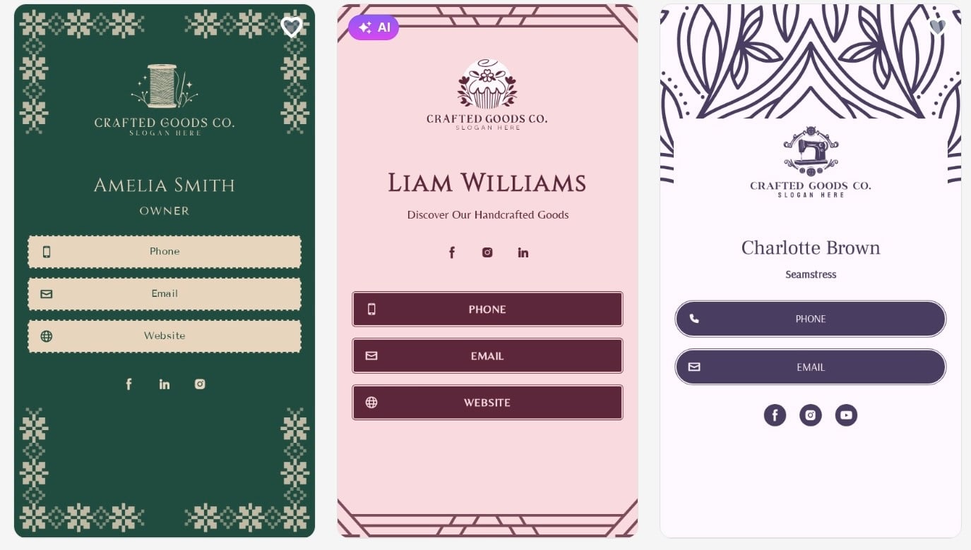 Three digital business card templates for Crafted Goods Co. showing contact buttons for phone, email, website, and social media links