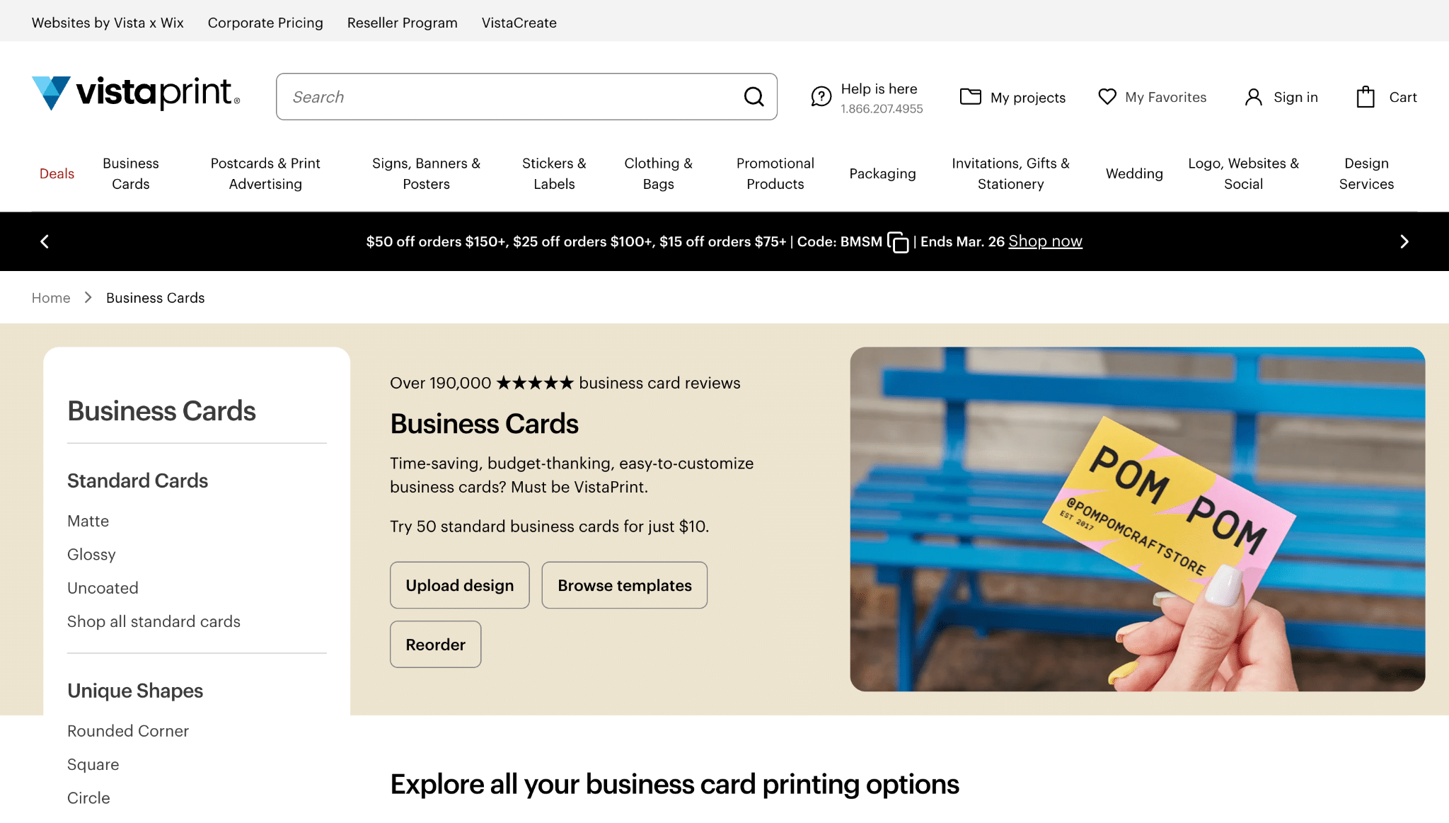 Screenshot of the VistaPrint business cards page showing product options, template buttons, pricing text, and a sample printed card.