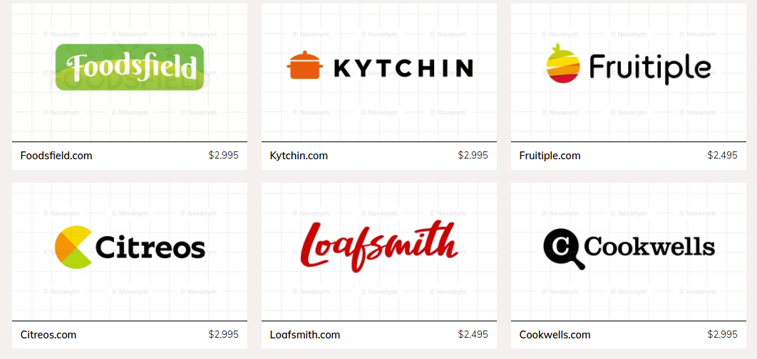 Grid of Novanym brand name ideas with logo concepts and premium domain listings, including Foodsfield, Kytchin, Fruitiple, Citreos, Loafsmith, and Cookwells.