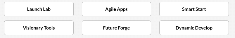 Grid of AI generated business name ideas including Launch Lab, Agile Apps, Smart Start, Visionary Tools, Future Forge, and Dynamic Develop.