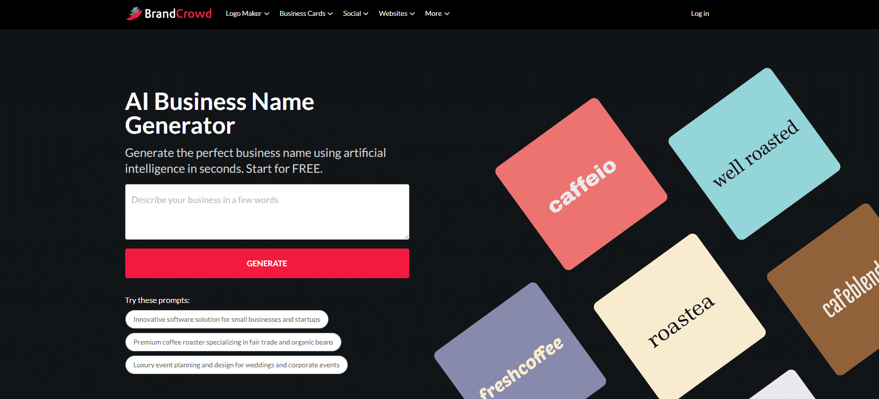 Screenshot of the BrandCrowd AI business name generator with a business description field, Generate button, and sample brand name cards on the right.