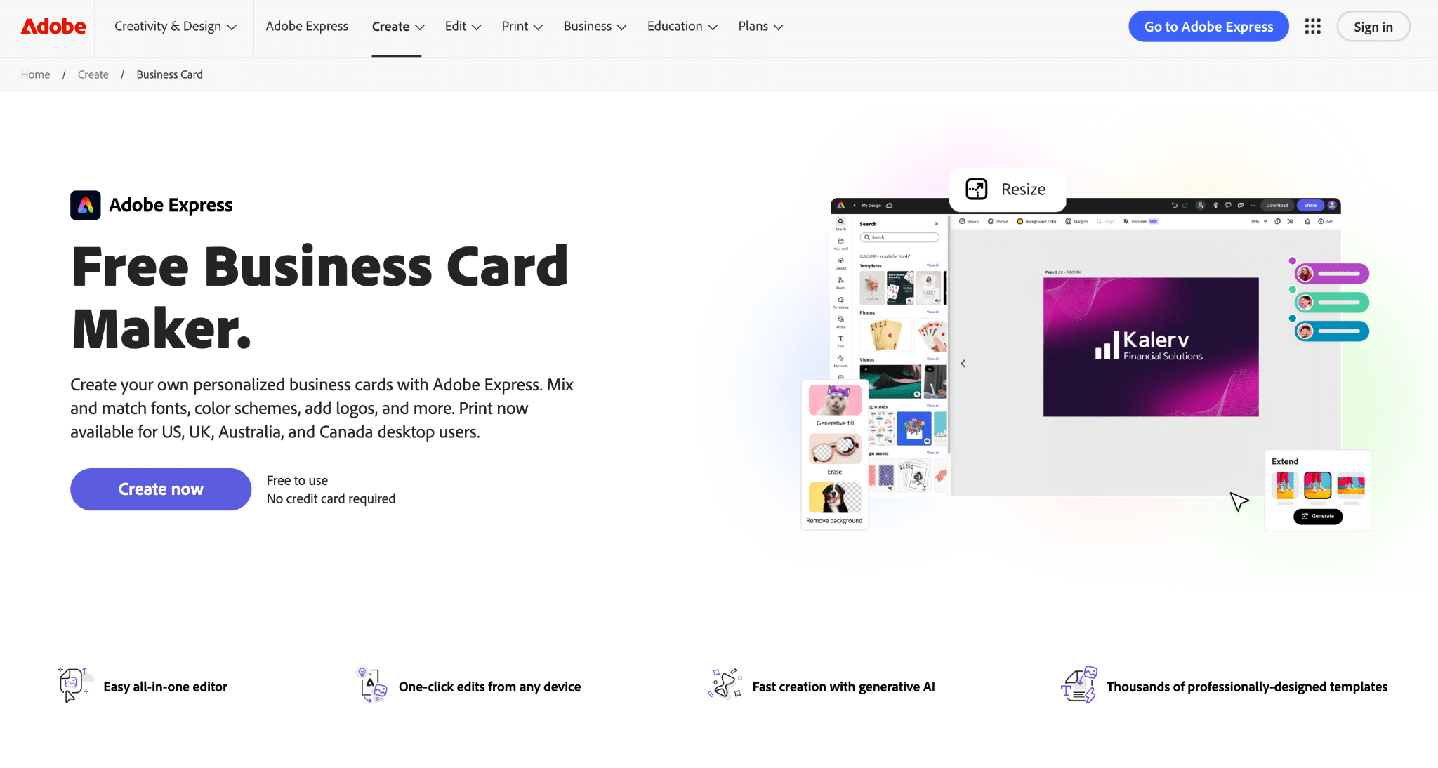 Screenshot of the Adobe Express free business card maker page with a Create now button and a sample card editing interface.