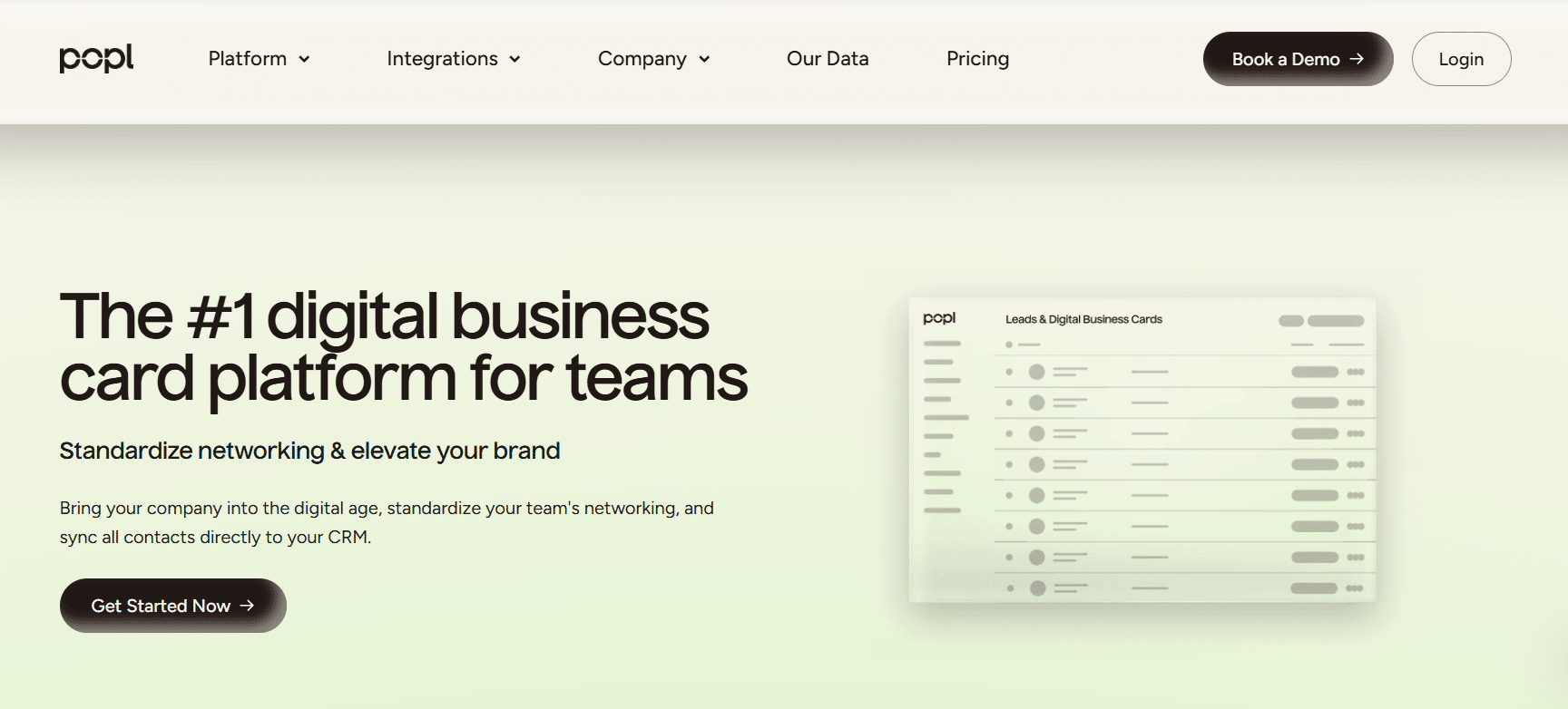 Popl digital business card platform homepage with headline for teams, get started button, and dashboard preview