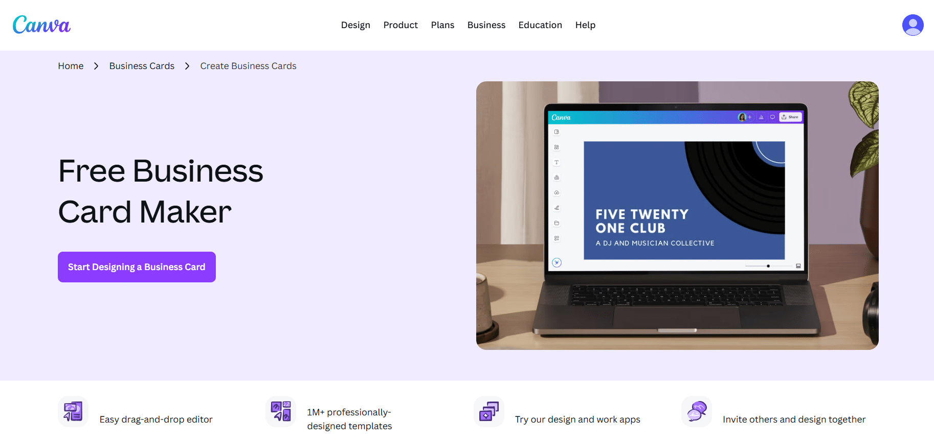 Canva free business card maker page with a laptop mockup showing a business card design template