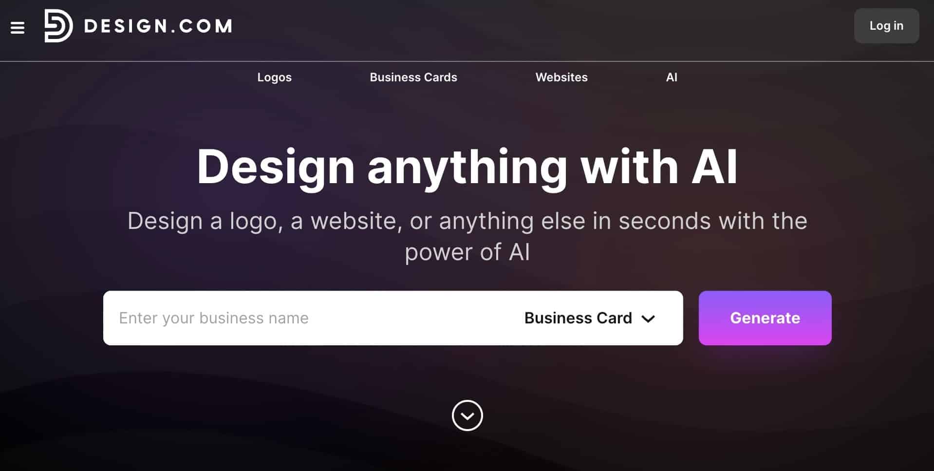 Screenshot of the Design.com AI business card design tool with a business name field, Business Card dropdown, and Generate button.