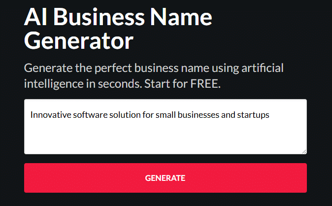 Screenshot of the BrandCrowd AI business name generator showing a startup business description text box and a Generate button.