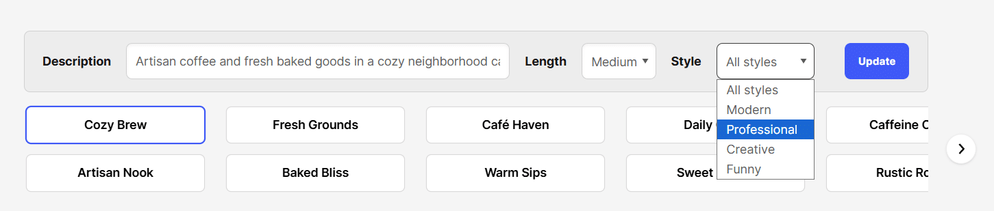 Screenshot of the Design.com AI business name generator showing coffee shop name ideas, a style dropdown menu, and description input field.
