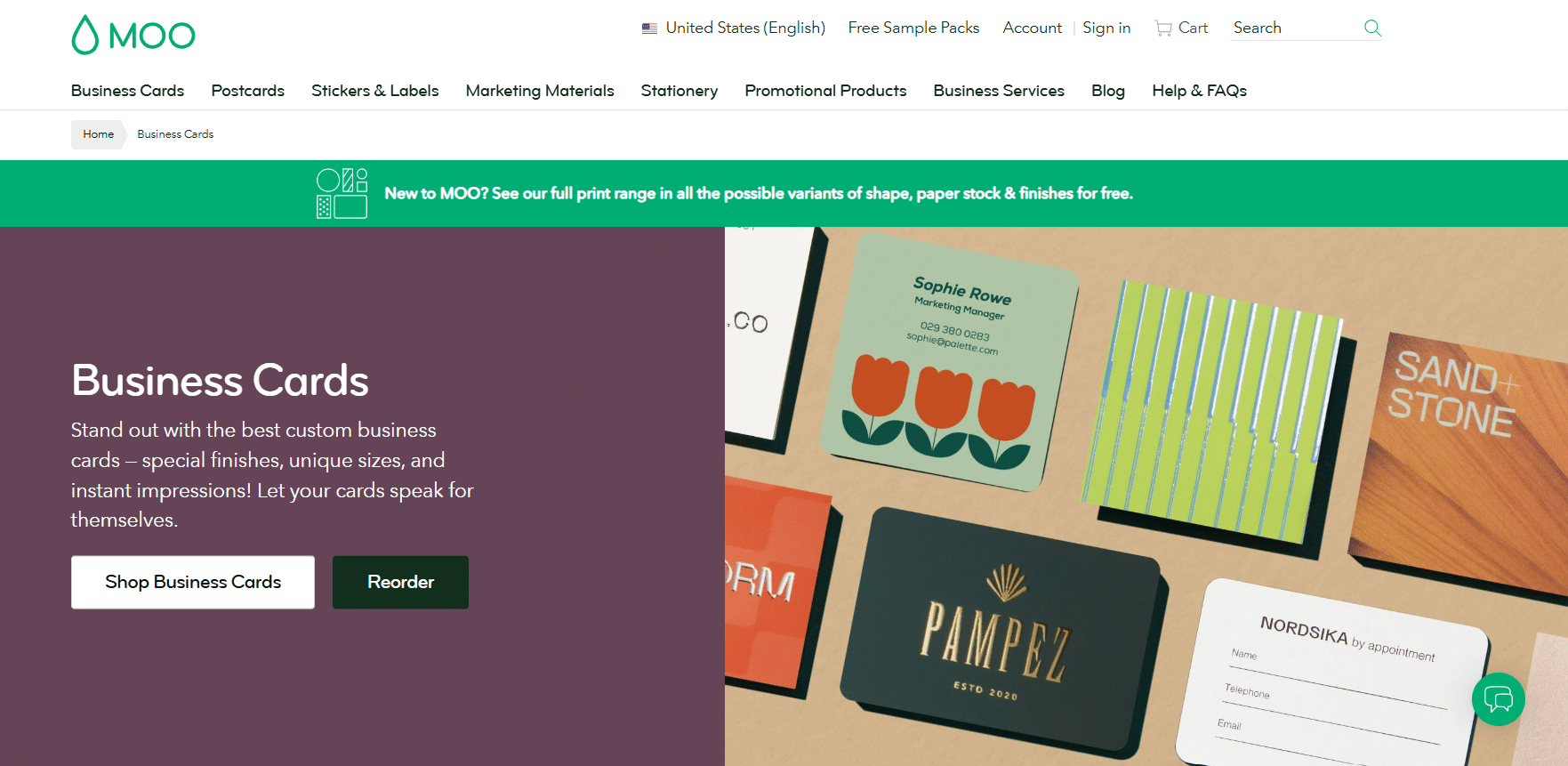 Screenshot of the MOO business cards page showing premium card examples, custom print options, and buttons to shop or reorder business cards.