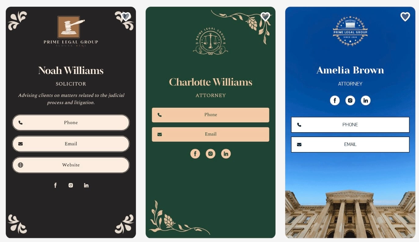 Three digital business card templates for lawyers and attorneys from Prime Legal Group with phone, email, website, and social media icons