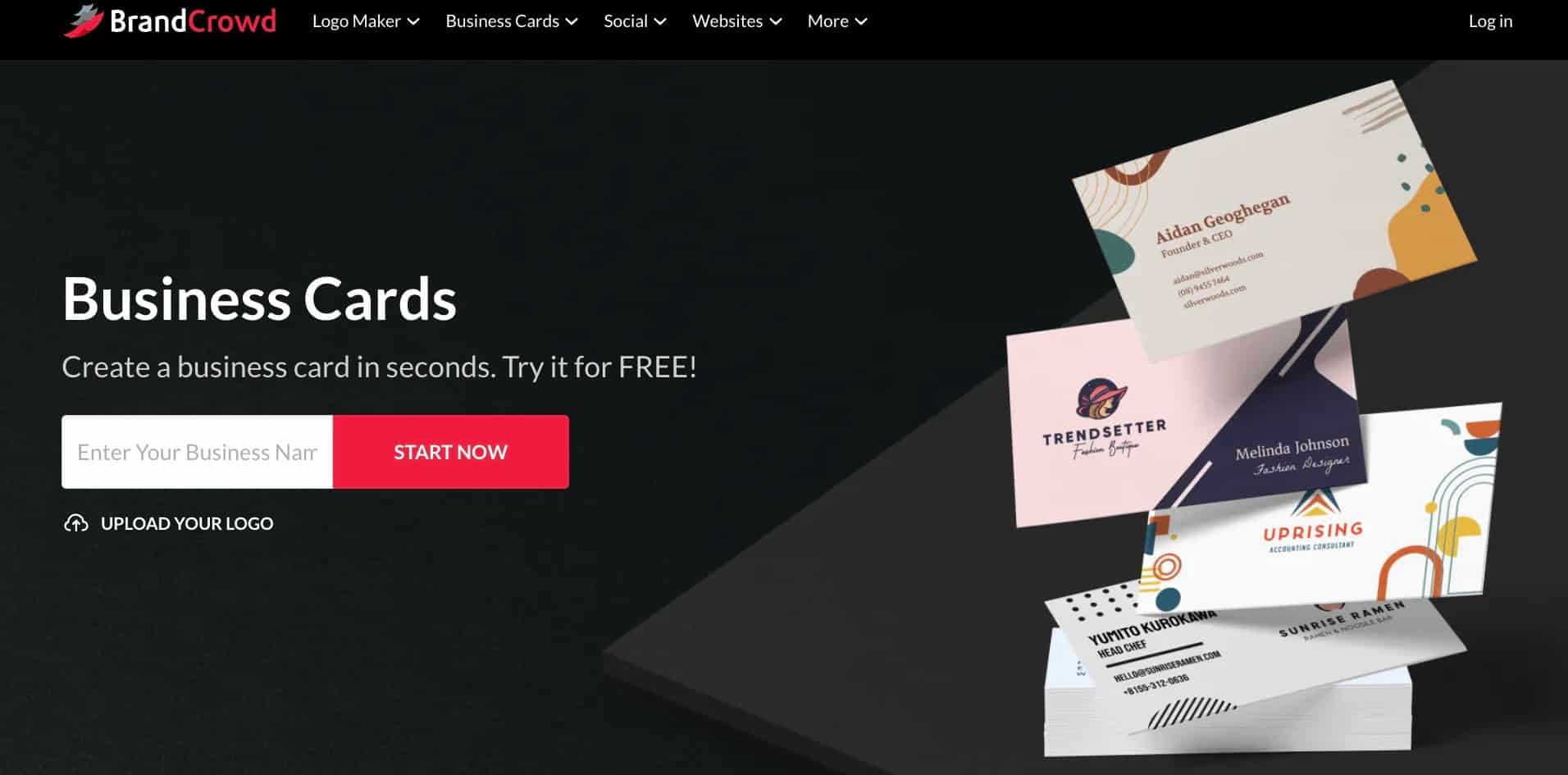 Screenshot of the BrandCrowd business card maker homepage with a business name field, Start Now button, and sample card templates.