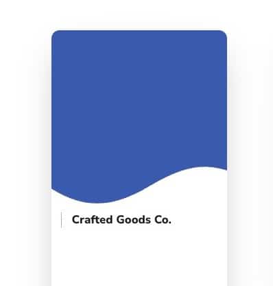 Minimal digital business card front design for Crafted Goods Co. with a blue header and white curved section