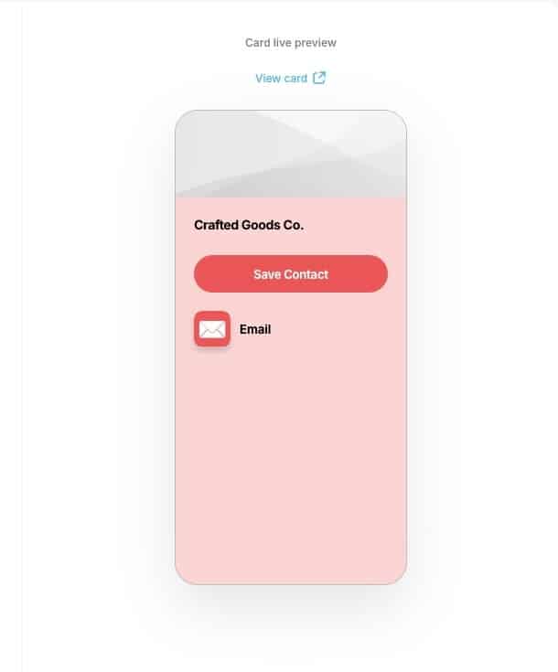 Crafted Goods Co. digital business card live preview with a Save Contact button and email icon