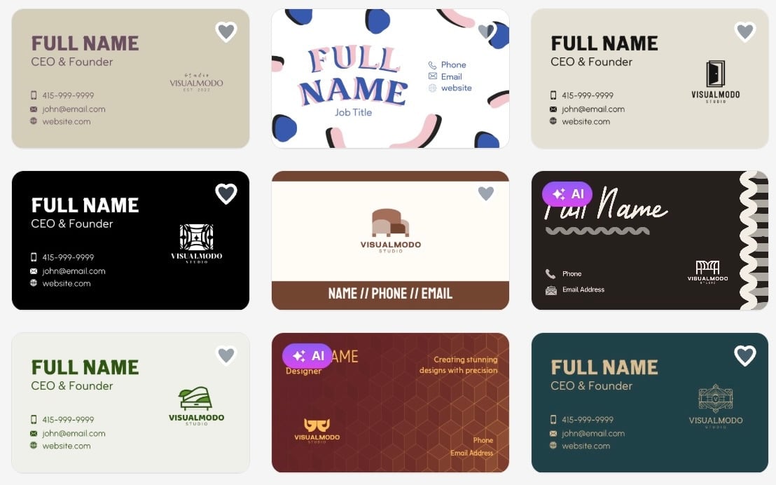 Grid of creative business card templates featuring minimalist, dark, colorful, and AI styled layouts for modern branding.