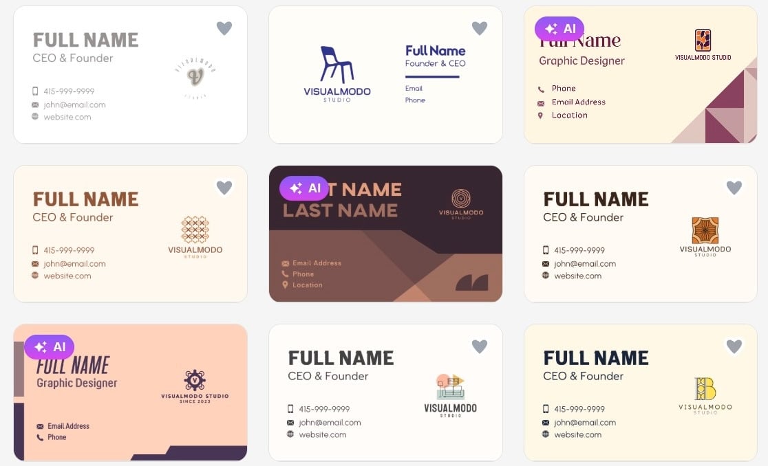 Grid of modern AI generated business card design templates with different layouts, colors, logos, and contact details.
