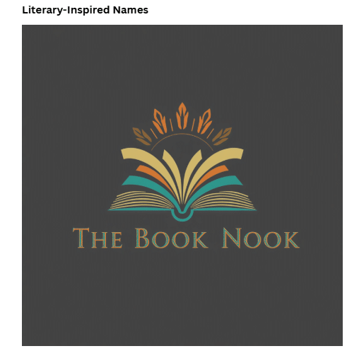 Logo concept for The Book Nook featuring an open book icon with layered pages and decorative shapes above the text on a dark background.