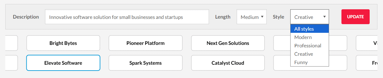 Screenshot of the BrandCrowd AI business name generator showing software business name ideas and an open style dropdown with Creative selected.
