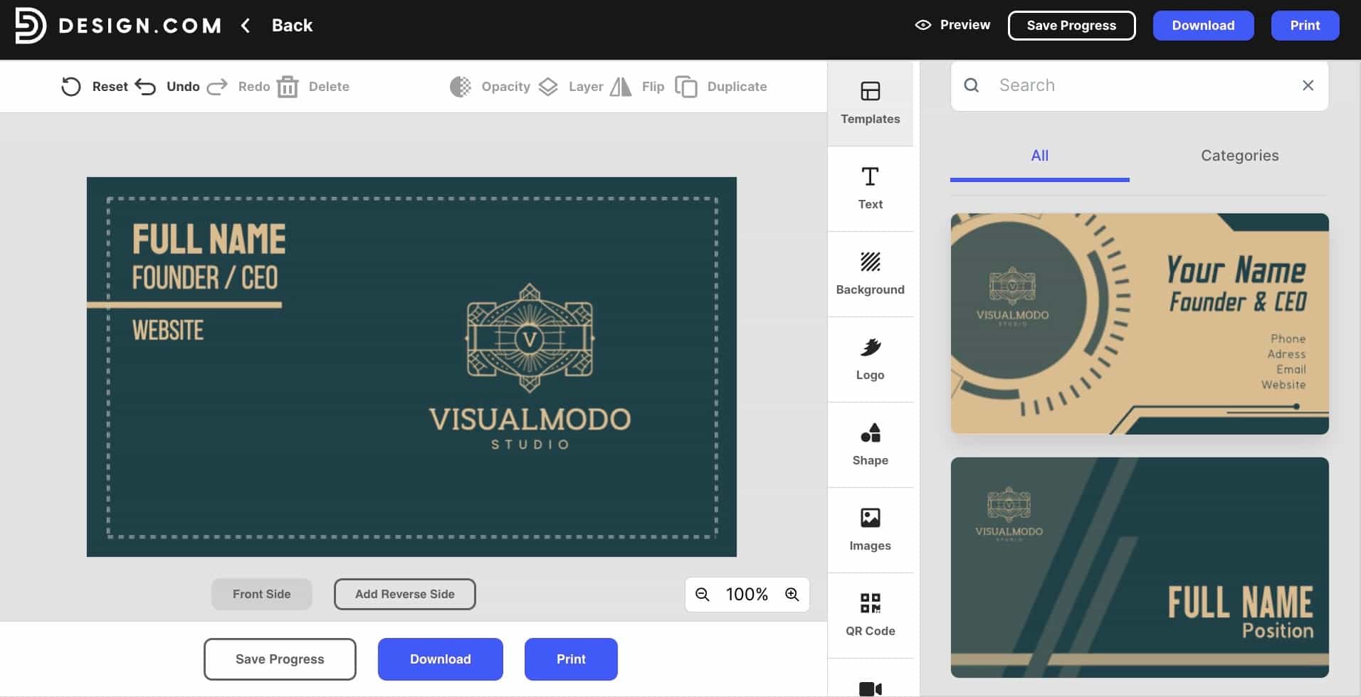 Screenshot of the Design.com business card editor showing a custom card layout, template sidebar, and editing tools for branding and contact details.