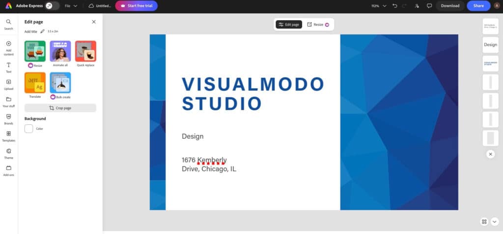 Screenshot of Adobe Express editing a business card template with blue geometric shapes, company name, address, and design tools in the sidebar.