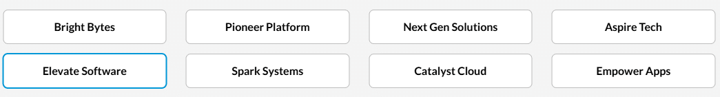 Grid of AI generated business name suggestions including Bright Bytes, Pioneer Platform, Next Gen Solutions, Aspire Tech, Elevate Software, Spark Systems, Catalyst Cloud, and Empower Apps.