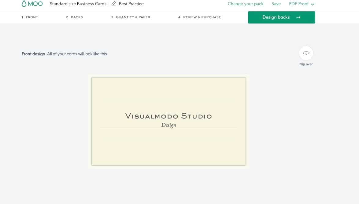 Screenshot of the MOO business card editor showing a minimal front card design preview with brand name text and a Design backs button.