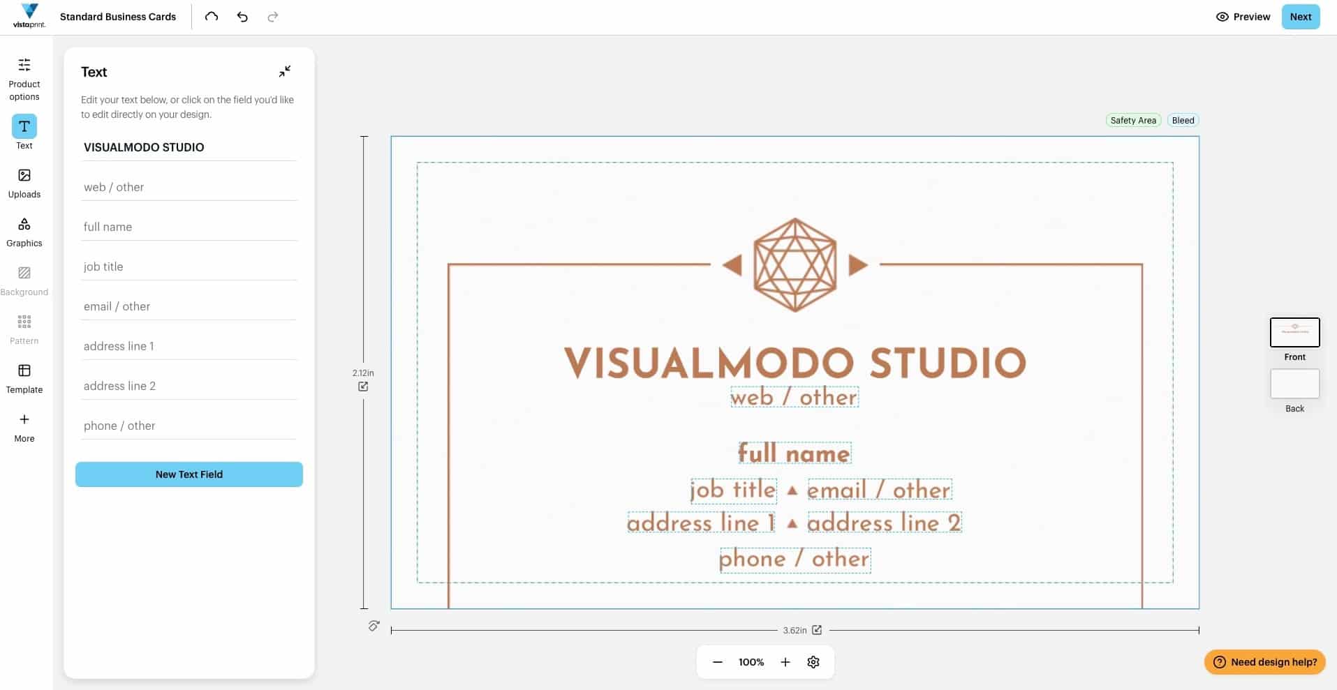 Screenshot of the VistaPrint business card editor showing a custom card layout with text fields, design tools, and front and back card preview options.