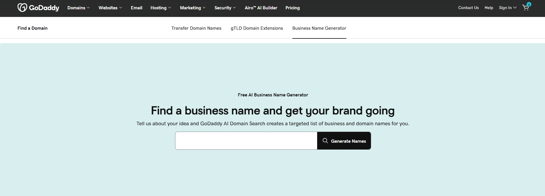 Screenshot of the GoDaddy free AI business name generator with a text input field and Generate Names button on the homepage.