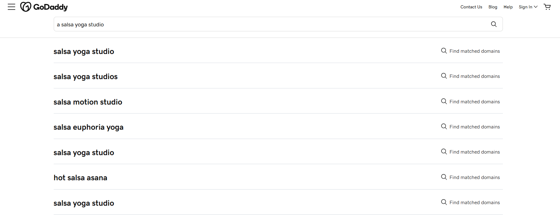 Screenshot of GoDaddy showing AI business name suggestions for a salsa yoga studio with multiple name ideas and domain matching links.