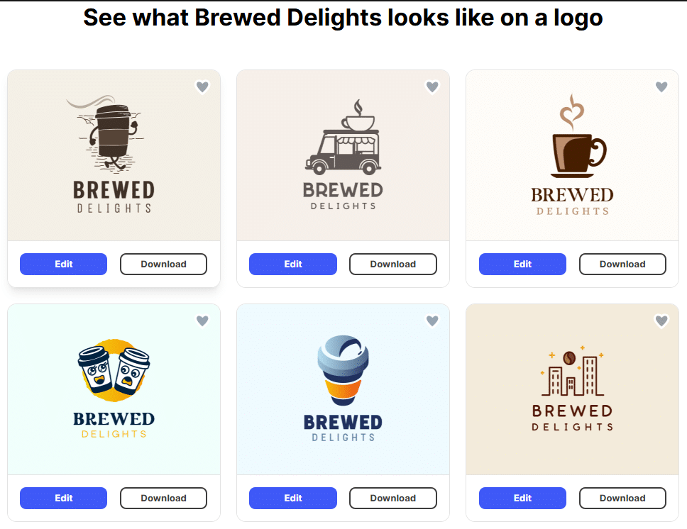 Grid of AI generated logo concepts for Brewed Delights featuring coffee cups, a coffee truck, and café themed branding icons.