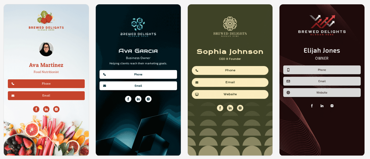 Gallery of AI generated business card templates for Brewed Delights with four vertical card designs in white, blue, green, and dark red styles.