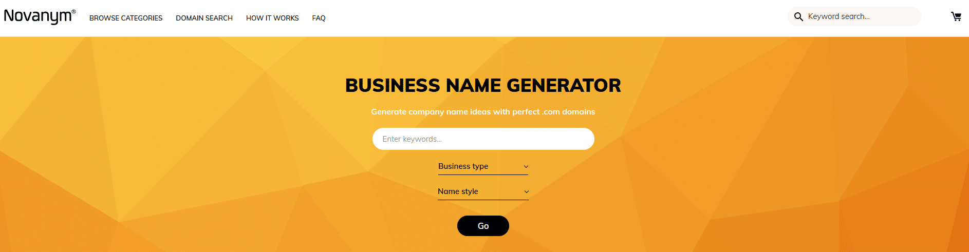 Screenshot of the Novanym business name generator homepage with a keyword search field, business type and name style filters, and a Go button.