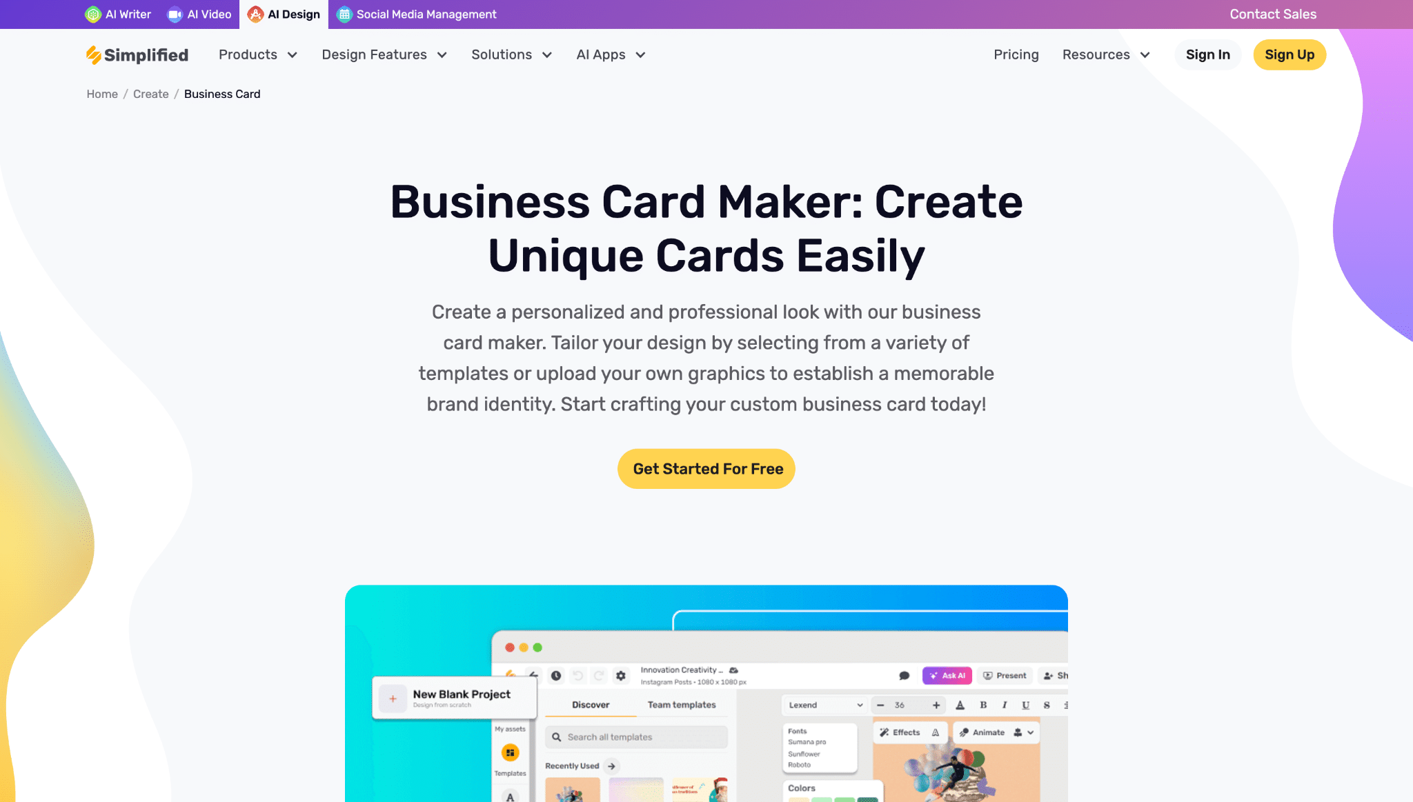 Simplified business card maker landing page with headline, get started button, and design editor preview