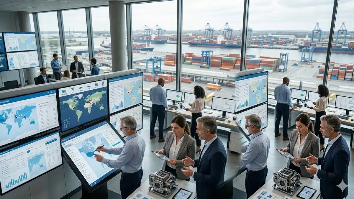 A team of supply chain specialists using large touchscreen monitors and integrated digital systems to monitor global logistics and port operations in real time.