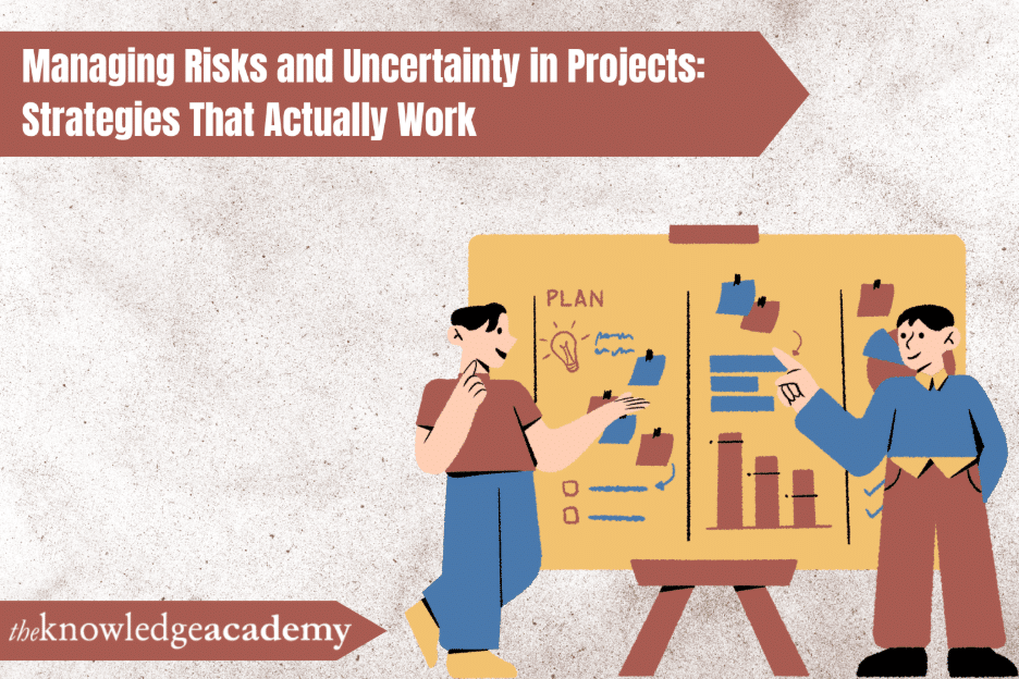 An illustration of project managers analyzing a planning board to manage risks and uncertainty in projects using effective strategies.