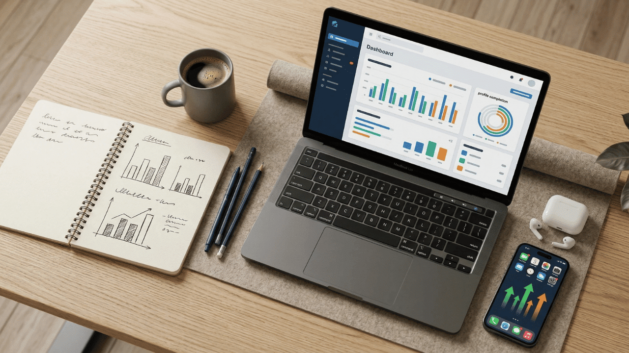 A top-down view of a professional desk with a laptop, notebook, and smartphone all showing rising growth charts to illustrate a realistic blog income timeline.