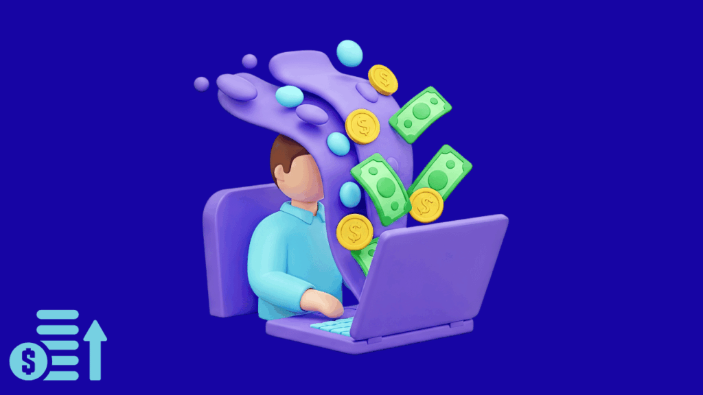 A 3D character working on a laptop with money and coins flying out of the screen, illustrating how to start earning online today without a big budget.